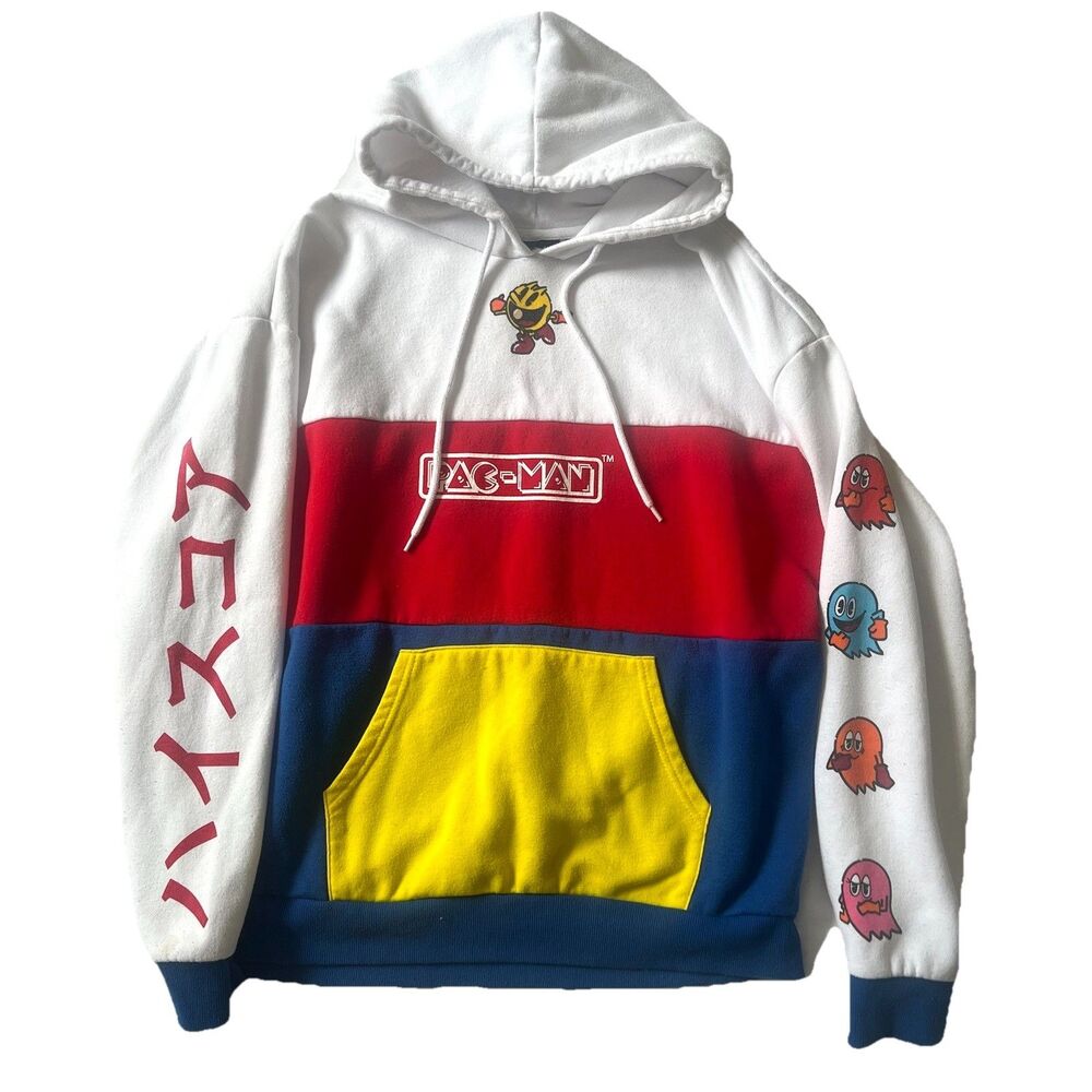Pac-Man Colorblock Hoodie Retro Arcade Gamer Ghosts Logo Sweatshirt Size L Large